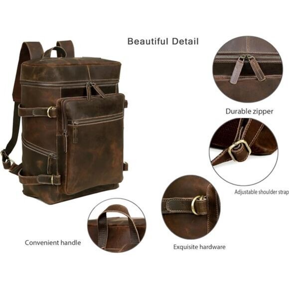 HLC Leather Backpack For Women Men Genuine Leather Laptop Backpack Vintage main image 4